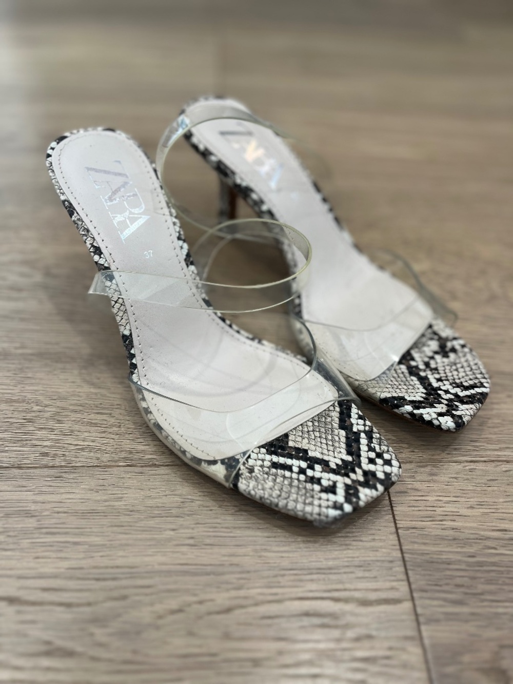 zara snake skin and vinyl low heel sandals